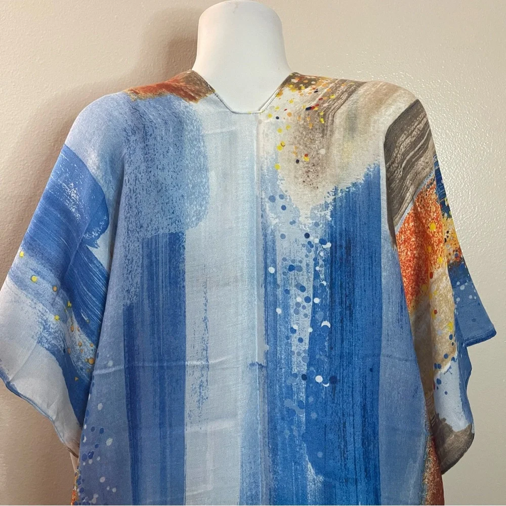 Blue multi raw hem split sides kimono cover up - Picture 6 of 10